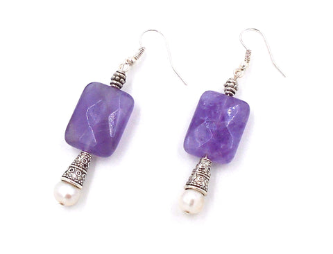 Purple Quartz and Freshwater Pearl Hanging Earrings