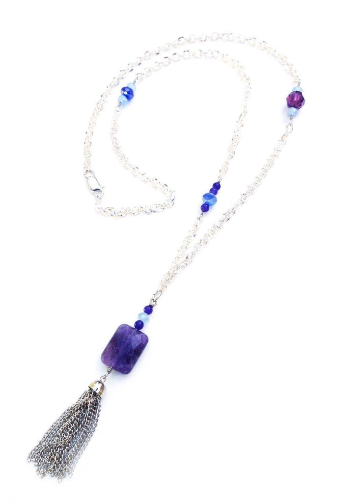 Purple Amethyst Tassel Necklace in Silver
