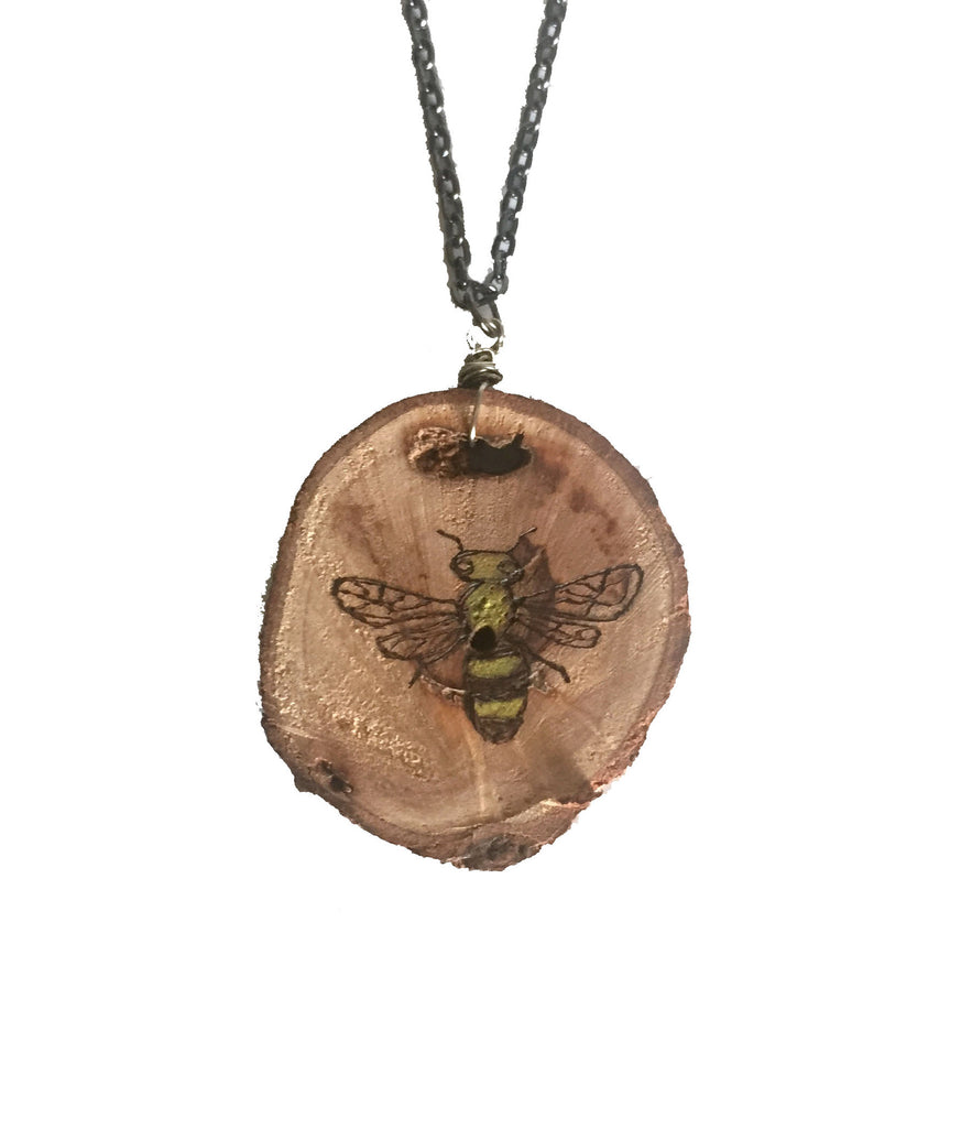 Wood-Burned Bee Necklace