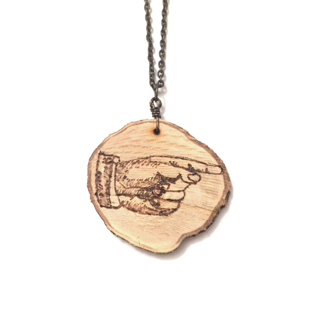 Wood-Burned Pointing Hand Necklace