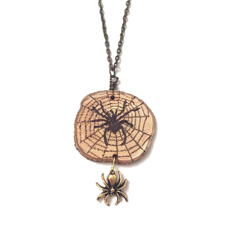 Wood-Burned Spider Necklace