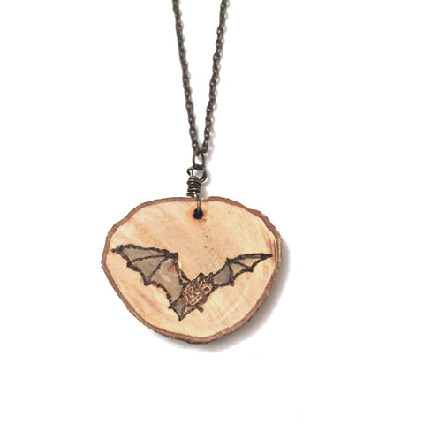Wood-Burned Bat Necklace