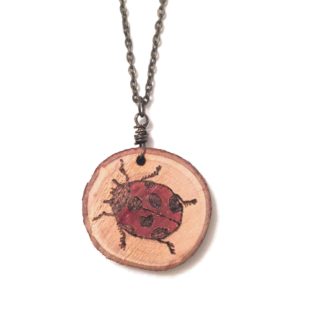 Wood-Burned Ladybug Necklace