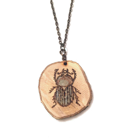 Wood-Burned Beetle/Scarab Necklace